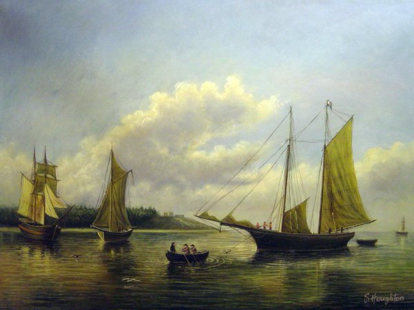Stowing Sails Off Fairhaven. The painting by William Bradford