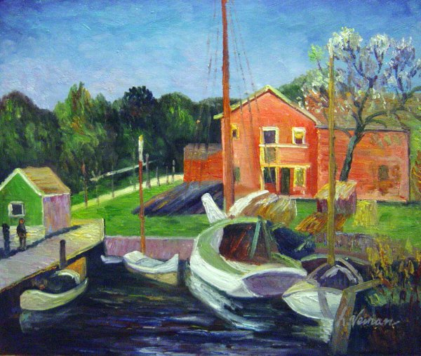 Boats And Pink House. The painting by William Glackens