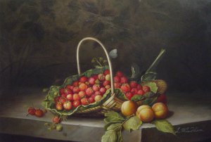 Reproduction oil paintings - William Hammer - Basket Of Strawberries And Peaches On A Stone Ledge