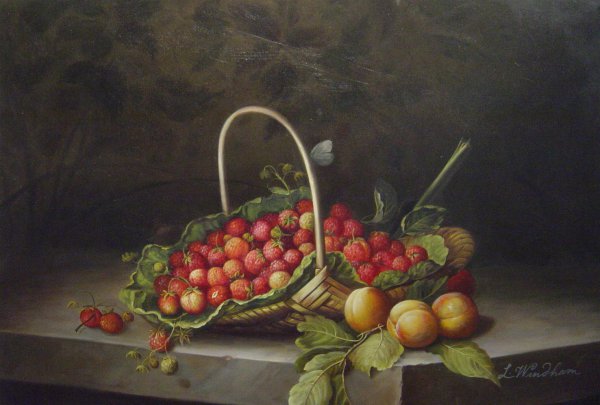 Basket Of Strawberries And Peaches On A Stone Ledge