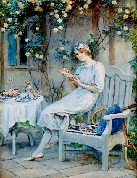 A Woman on the Terrace. The painting by William Henry Margetson