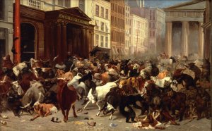 Famous paintings of Street Scenes: Bulls And Bears On Wall Street