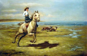William Hounsom Byles, Lady Riding Sidesaddle With Her Collies At The Shore, Painting on canvas