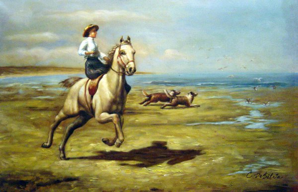 Lady Riding Sidesaddle With Her Collies At The Shore. The painting by William Hounsom Byles