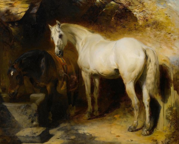 Horses Watering. The painting by William Huggins