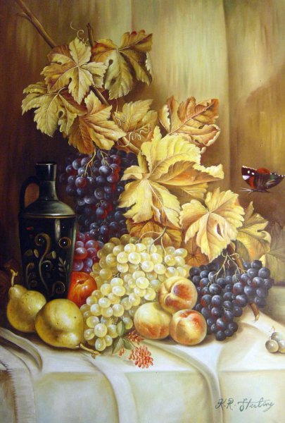 A Still Life With Grapes, Pears, Peaches, An Urn And A Butterfly. The painting by William Hughes