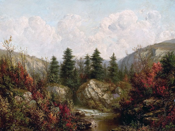 River Through an Autumn Forest. The painting by William Mason Brown