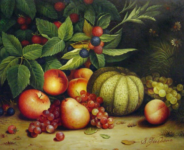 Still Life Of Melon, Grapes, Peaches, Pears & Black Raspberries. The painting by William Mason Brown