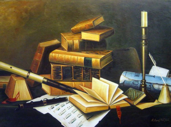 A Still Life Of Music And Literature. The painting by William Michael Harnett