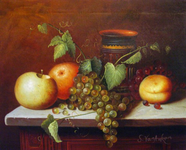 A Still Life With Fruit And Vase. The painting by William Michael Harnett