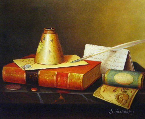 A Still Life Writing Table. The painting by William Michael Harnett
