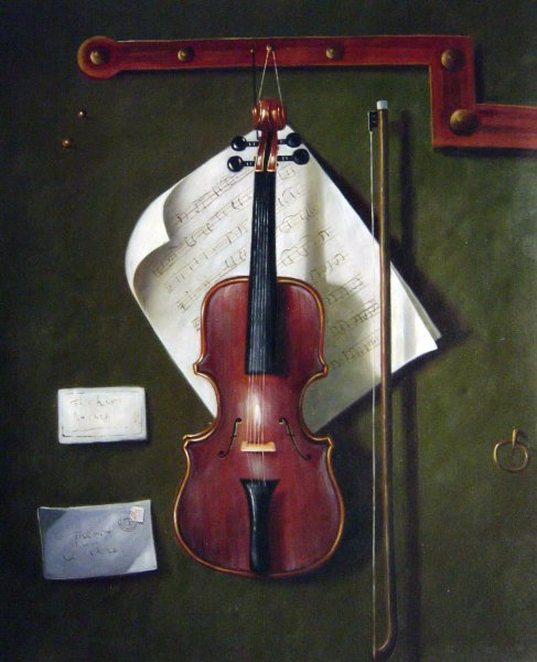An Old Violin. The painting by William Michael Harnett