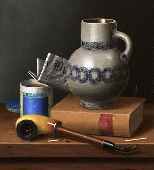 William Michael Harnett, Still Life with Book, Jug, Pipe, Tobacco and Matches with a Newspaper, Painting on canvas