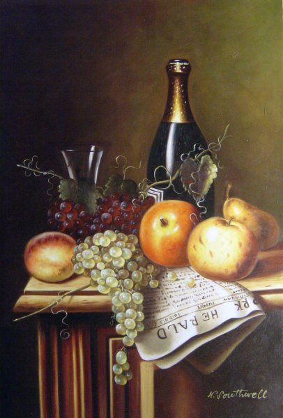 Still Life With Fruit, Champagne Bottle And Newspaper. The painting by William Michael Harnett