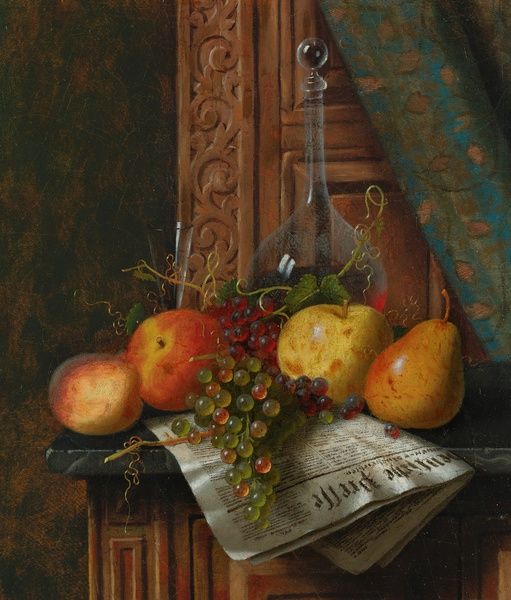 Still Life with Munich Newspaper, Fruit and Decanter. The painting by William Michael Harnett