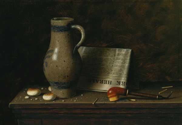 Table Top with Pitcher, Pipe, and New York Herald. The painting by William Michael Harnett