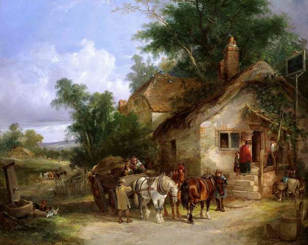 A Halt at the Inn. The painting by William Shayer Sr.