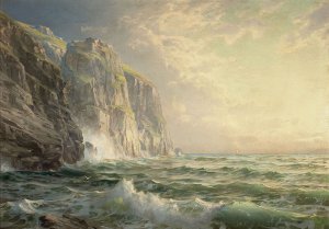 William Trost Richards, Rocky Cliff with Stormy Sea Cornwall, Painting on canvas