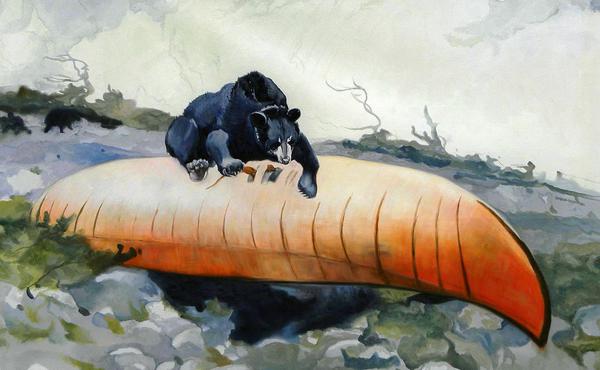 Bear and Canoe. The painting by Winslow Homer