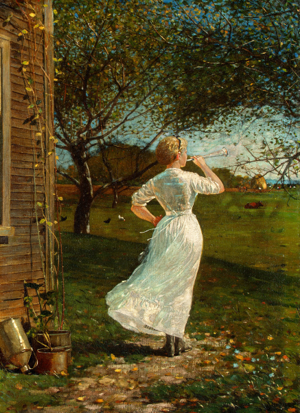 Blowing the Horn at Seaside (The Dinner Horn). The painting by Winslow Homer