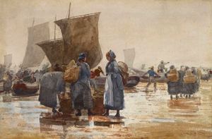 Fisherfolk on the Beach at Cullercoats, Winslow Homer, Art Paintings