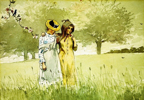 Girls Strolling in an Orchard. The painting by Winslow Homer