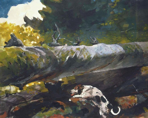 Hunting Dog among Dead Trees. The painting by Winslow Homer