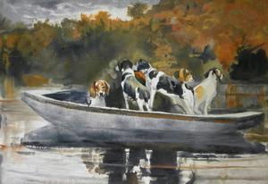 Hunting Dogs in Boat (Waiting for the Start), Winslow Homer, Art Paintings