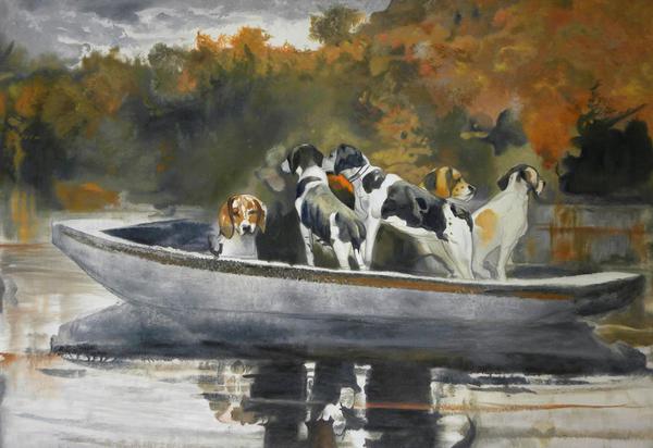 Hunting Dogs in Boat (Waiting for the Start). The painting by Winslow Homer