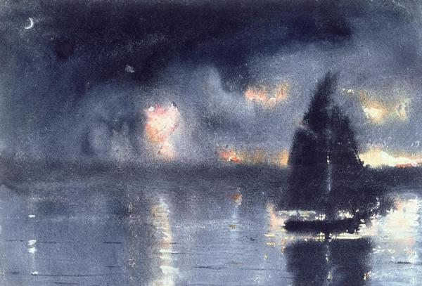 Sailboat and Fourth of July Fireworks. The painting by Winslow Homer