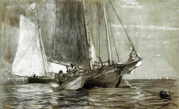 Schooner at Anchor. The painting by Winslow Homer